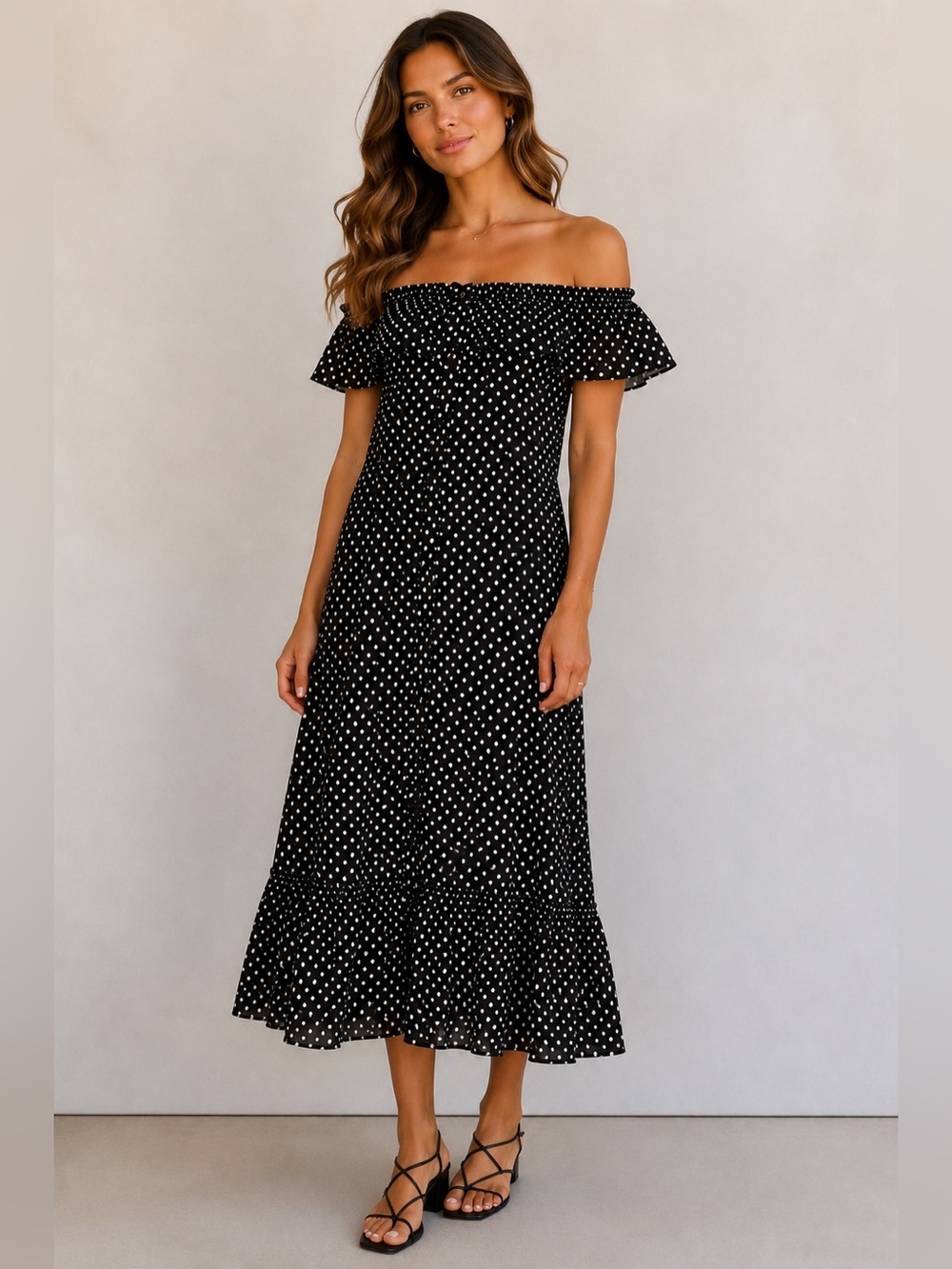 Lisa Marie Fernandez Mira 100% Cotton Polka Dot Off Shoulder Maxi Dress Size 6-8